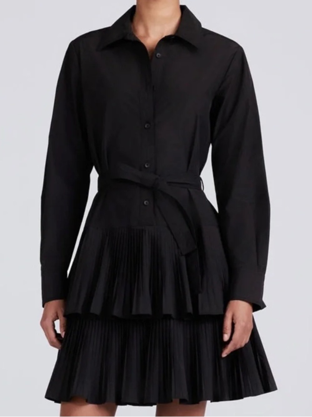 Derek Lam Black Long-Sleeve Pleated Tiered Shirt Dress